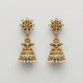 Tara Mint Earrings gold jhumka drops with aqua cabochons and pearl fringe on gray background