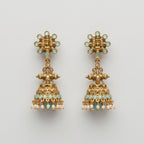 Tara Mint Earrings gold jhumka drops with aqua cabochons and pearl fringe on gray background