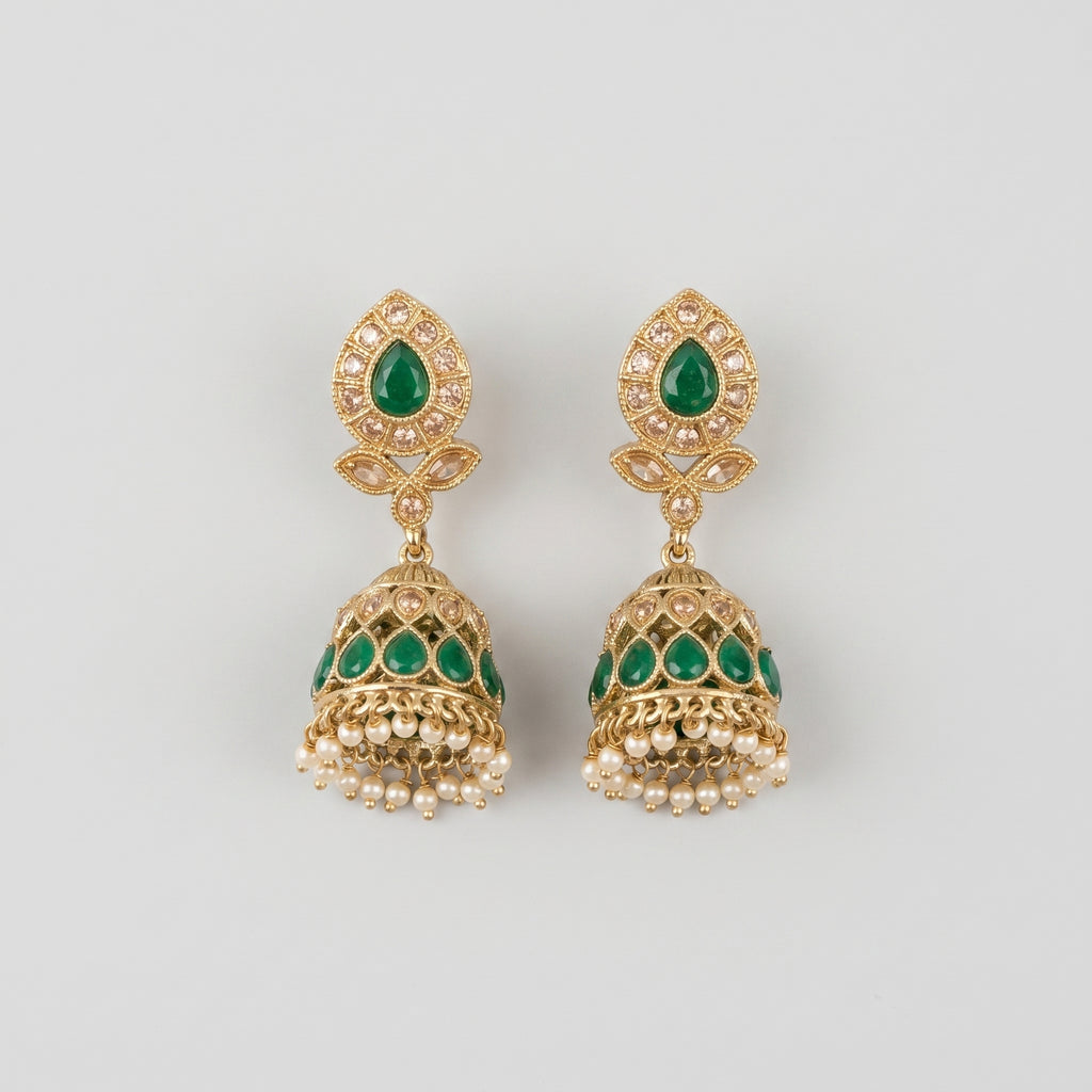 Panna Jhumka Earrings gold-tone emerald jhumkas with green teardrop stones and pearl fringe on gray background