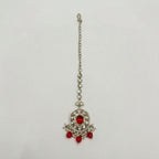 Ruby Bloom Tikka silver maang tikka with red oval center and red bead pearl fringe on white background