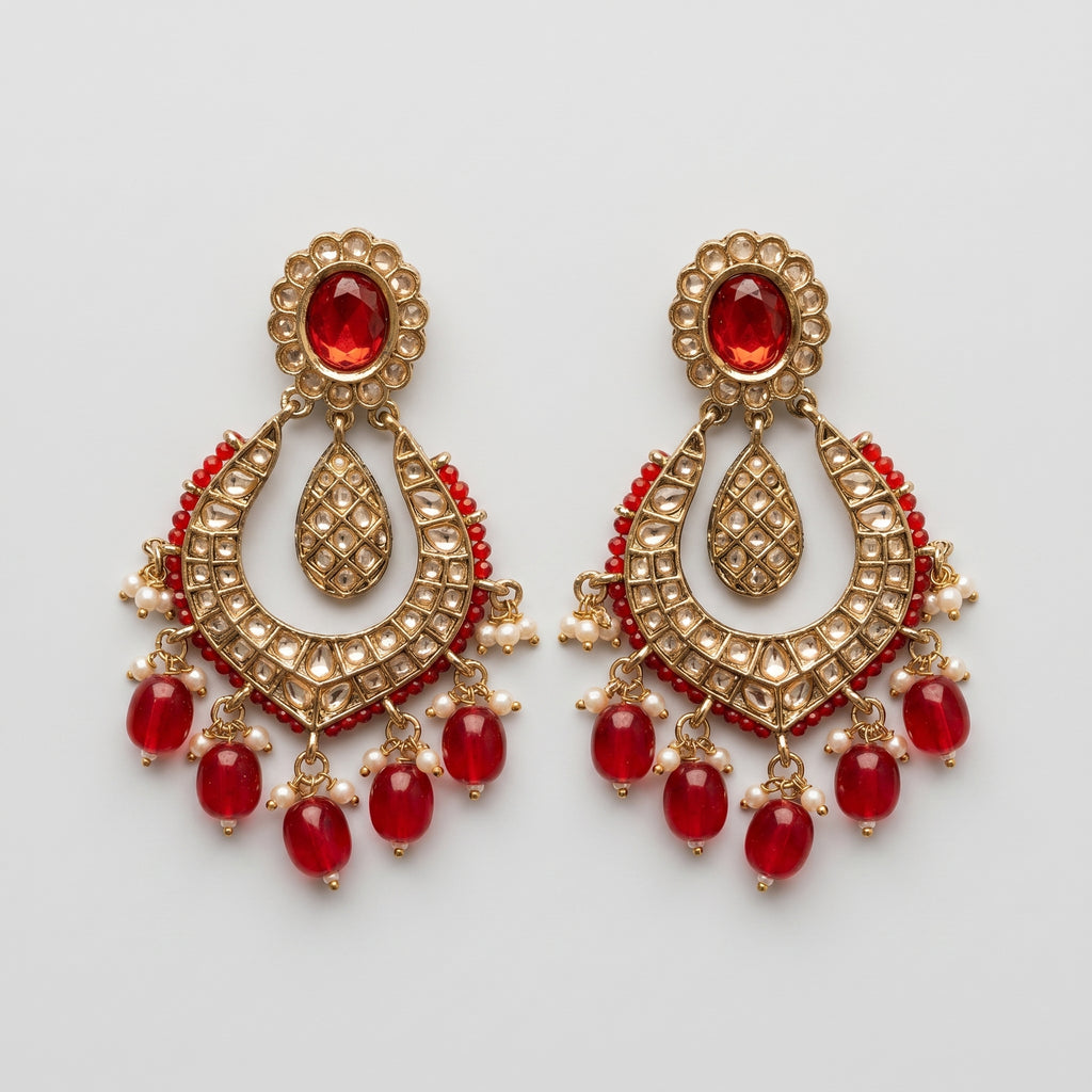 Jadau Ruby Earrings gold-tone chandbali drops with ruby center kundan crescent and red pearl fringe