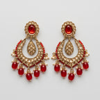 Jadau Ruby Earrings gold-tone chandbali drops with ruby center kundan crescent and red pearl fringe
