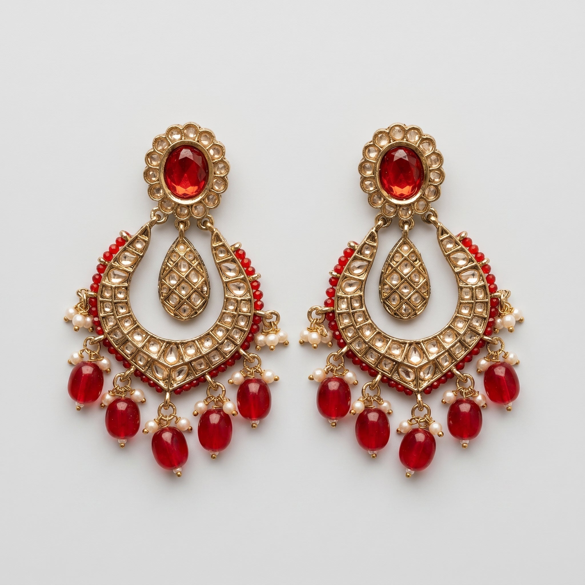 Jadau Ruby Earrings gold-tone chandbali drops with ruby center kundan crescent and red pearl fringe