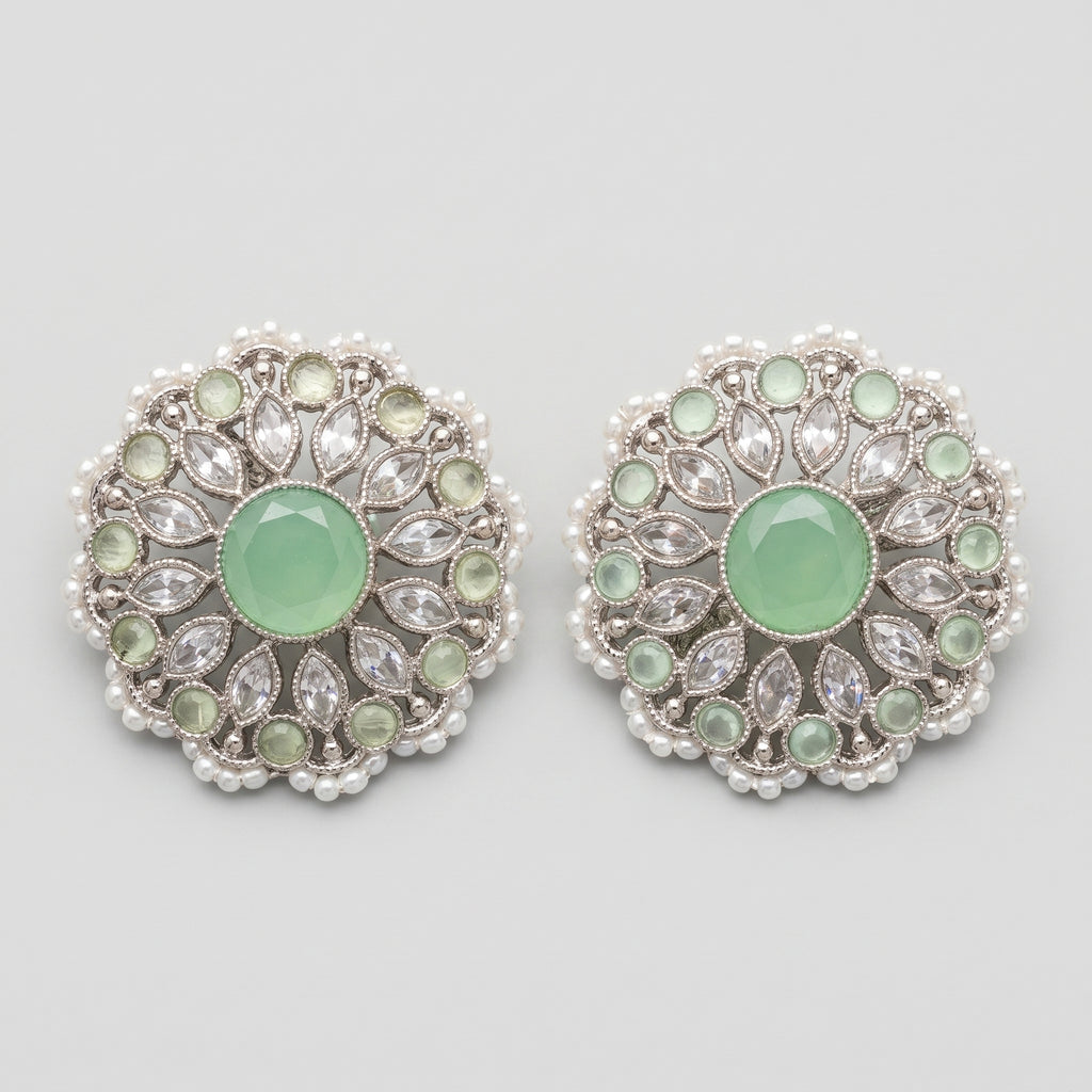 Mint Bloom Earrings silver circular studs with mint green center and pearl border on gray background
