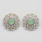 Mint Bloom Earrings silver circular studs with mint green center and pearl border on gray background