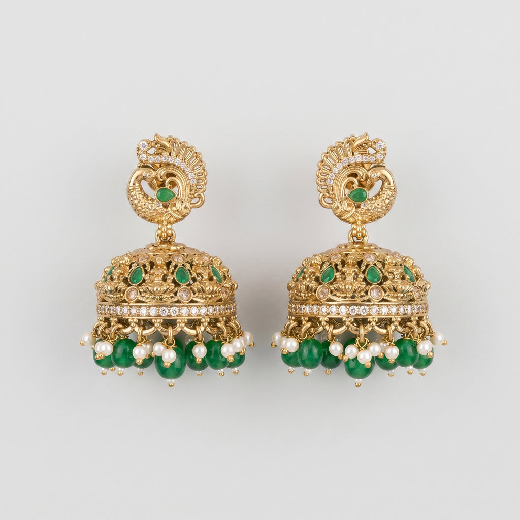 Mayuri Moti Earrings gold-tone peacock stud jhumka with emerald stones and pearl green bead fringe