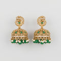 Mayuri Moti Earrings gold-tone peacock stud jhumka with emerald stones and pearl green bead fringe