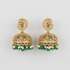 Mayuri Moti Earrings gold-tone peacock stud jhumka with emerald stones and pearl green bead fringe