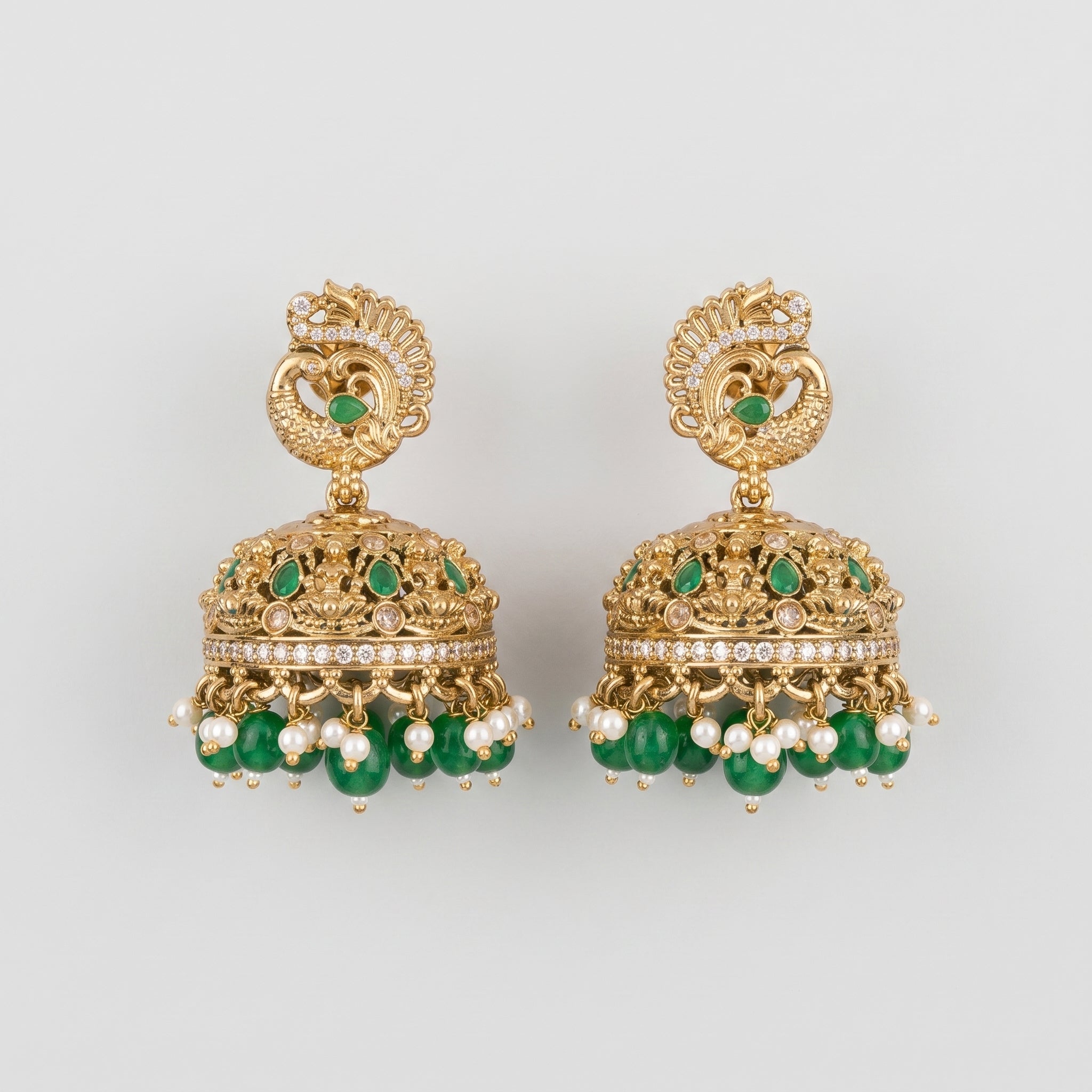 Mayuri Moti Earrings gold-tone peacock stud jhumka with emerald stones and pearl green bead fringe