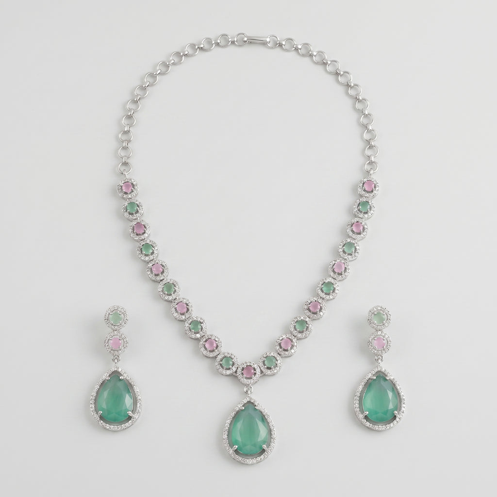 Aqua Rose Necklace Set y-shaped silver necklace with mint green and pink stones and earrings