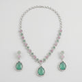 Aqua Rose Necklace Set y-shaped silver necklace with mint green and pink stones and earrings