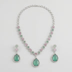 Aqua Rose Necklace Set y-shaped silver necklace with mint green and pink stones and earrings