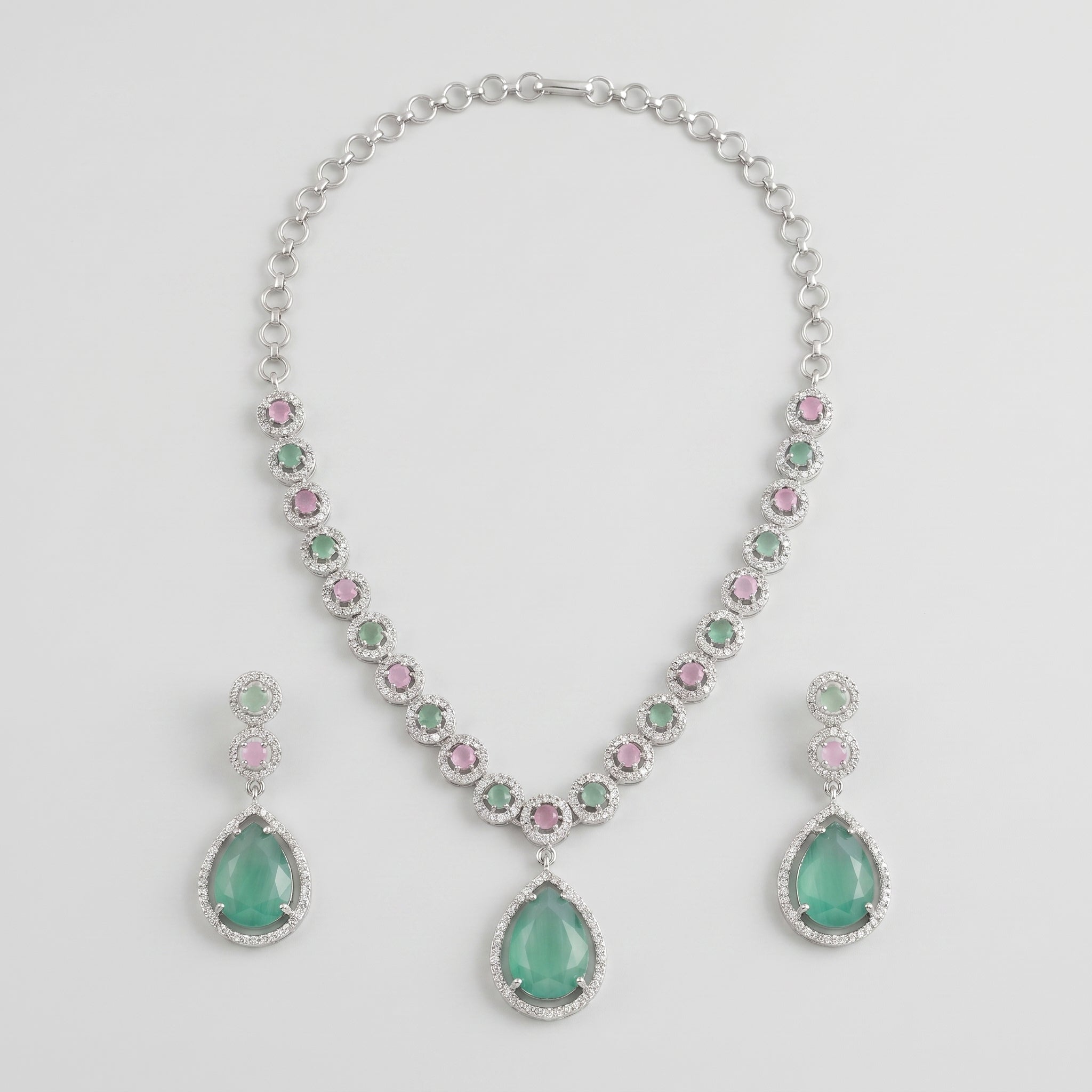 Aqua Rose Necklace Set y-shaped silver necklace with mint green and pink stones and earrings