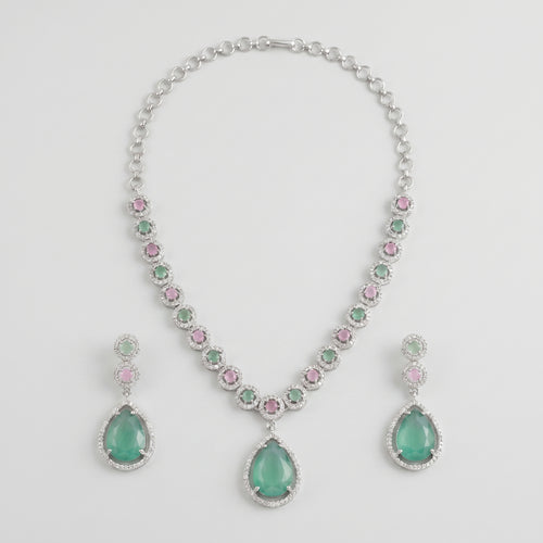 Aqua Rose Necklace Set y-shaped silver necklace with mint green and pink stones and earrings