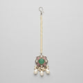 Firozi Pearl Tikka silver maang tikka with green center stone and pearl drops on gray background