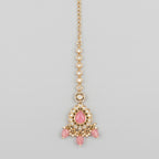 Rani Gulabi Tikka gold maang tikka with pink cabochon center and pearl fringe
