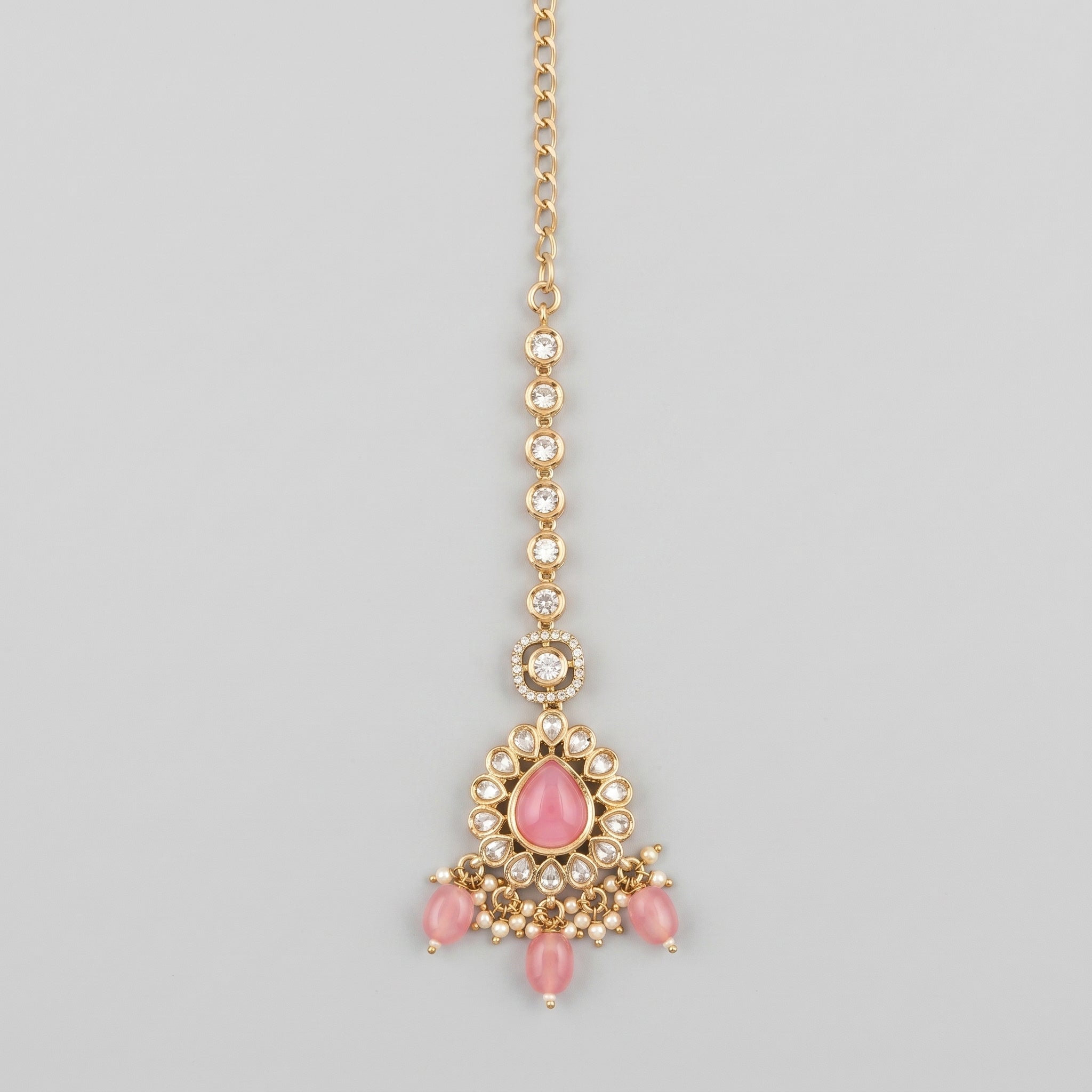 Rani Gulabi Tikka gold maang tikka with pink cabochon center and pearl fringe