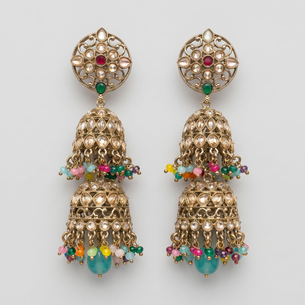Kundan Multicolor Earrings gold double jhumkas with rainbow bead fringe