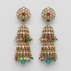 Kundan Multicolor Earrings gold double jhumkas with rainbow bead fringe