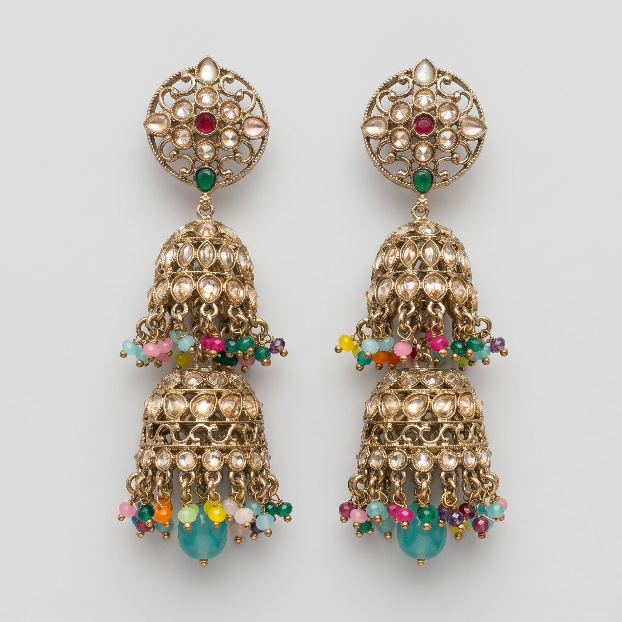 Kundan Multicolor Earrings gold double jhumkas with rainbow bead fringe