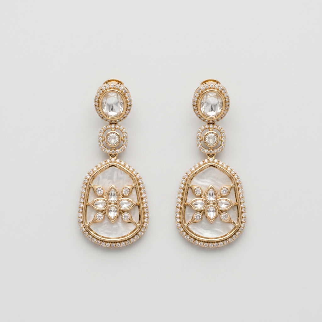 Polki Bloom Earrings gold-tone polki drops with mother-of-pearl inlay and crystal halos on gray background