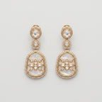 Polki Bloom Earrings gold-tone polki drops with mother-of-pearl inlay and crystal halos on gray background