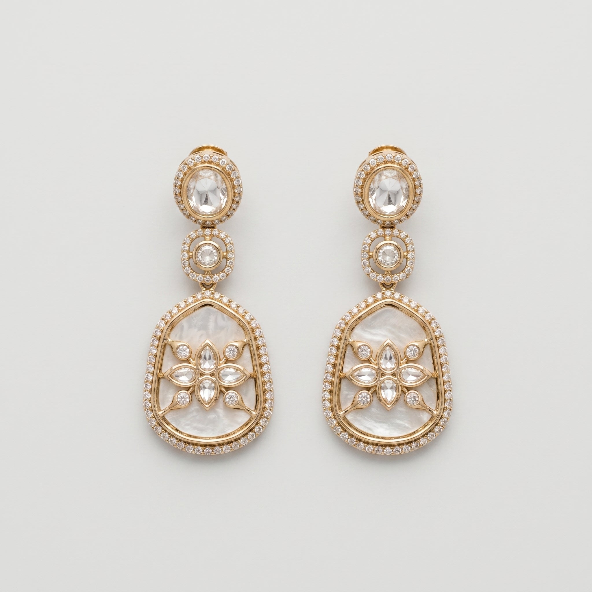 Polki Bloom Earrings gold-tone polki drops with mother-of-pearl inlay and crystal halos on gray background