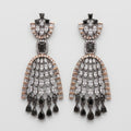 Kala Jhalar Earrings oxidized silver-tone black stone chandelier earrings with pear fringe on gray background