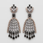 Kala Jhalar Earrings oxidized silver-tone black stone chandelier earrings with pear fringe on gray background