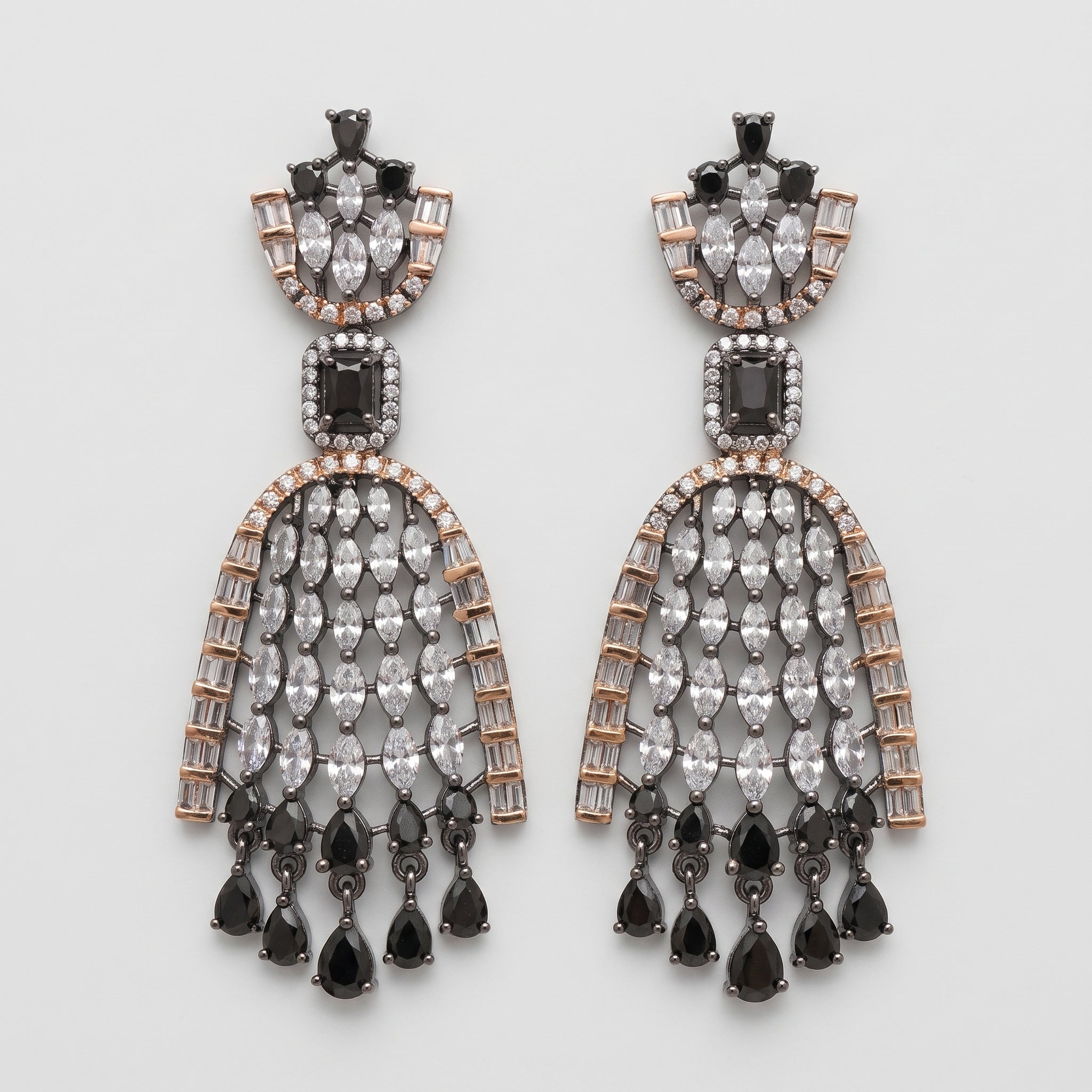 Kala Jhalar Earrings oxidized silver-tone black stone chandelier earrings with pear fringe on gray background