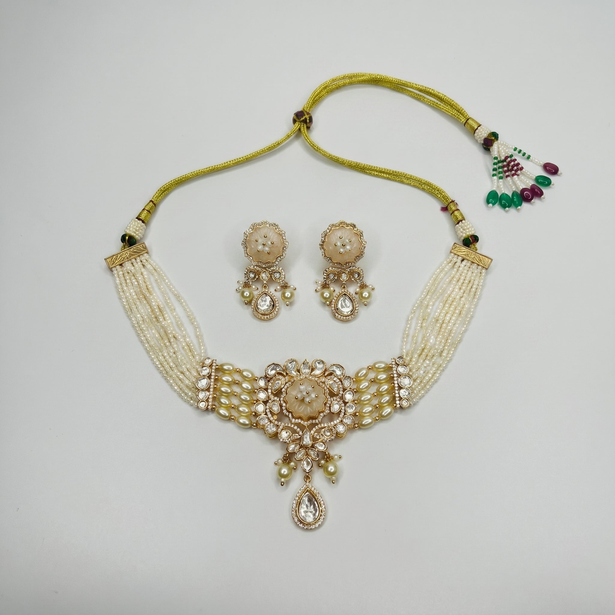 Kundan White Bead Necklace Set