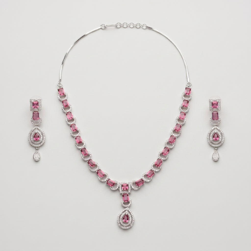 Rani Ruby Necklace Set silver chain with pink rectangular stones and pear pendant with earrings