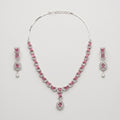 Rani Ruby Necklace Set silver chain with pink rectangular stones and pear pendant with earrings