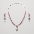 Rani Ruby Necklace Set silver chain with pink rectangular stones and pear pendant with earrings