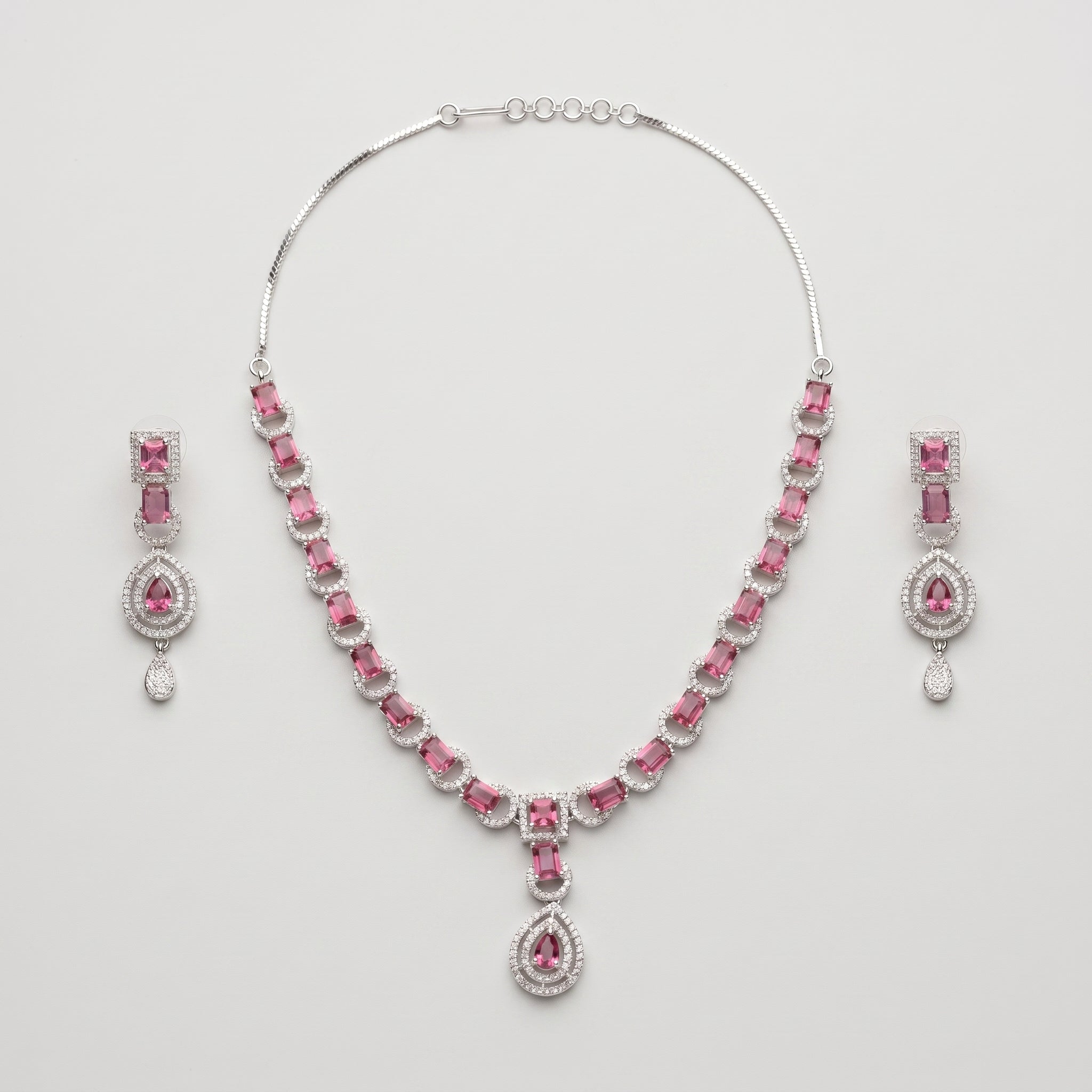 Rani Ruby Necklace Set silver chain with pink rectangular stones and pear pendant with earrings
