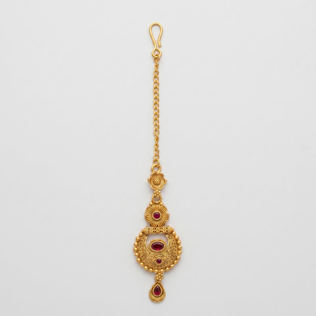 Padma Crimson Tikka antique gold maang tikka with crimson stones on gray background