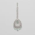 Zara Mint Tikka silver maang tikka with mint green center and teardrop dangles on gray background