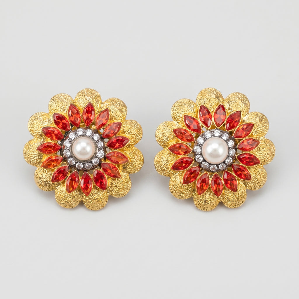 Manik Bloom Earrings gold-tone floral stud earrings with pearl center and red marquise petals