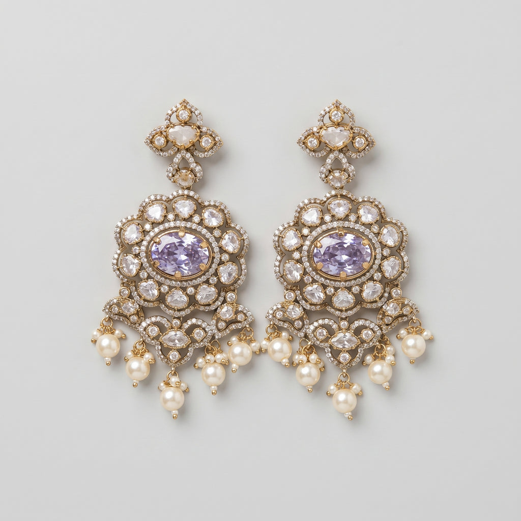 Rani Pearl Earrings gold-tone lavender chandelier earrings with pearl drop fringe on gray background