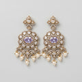 Rani Pearl Earrings gold-tone lavender chandelier earrings with pearl drop fringe on gray background