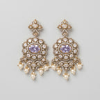 Rani Pearl Earrings gold-tone lavender chandelier earrings with pearl drop fringe on gray background