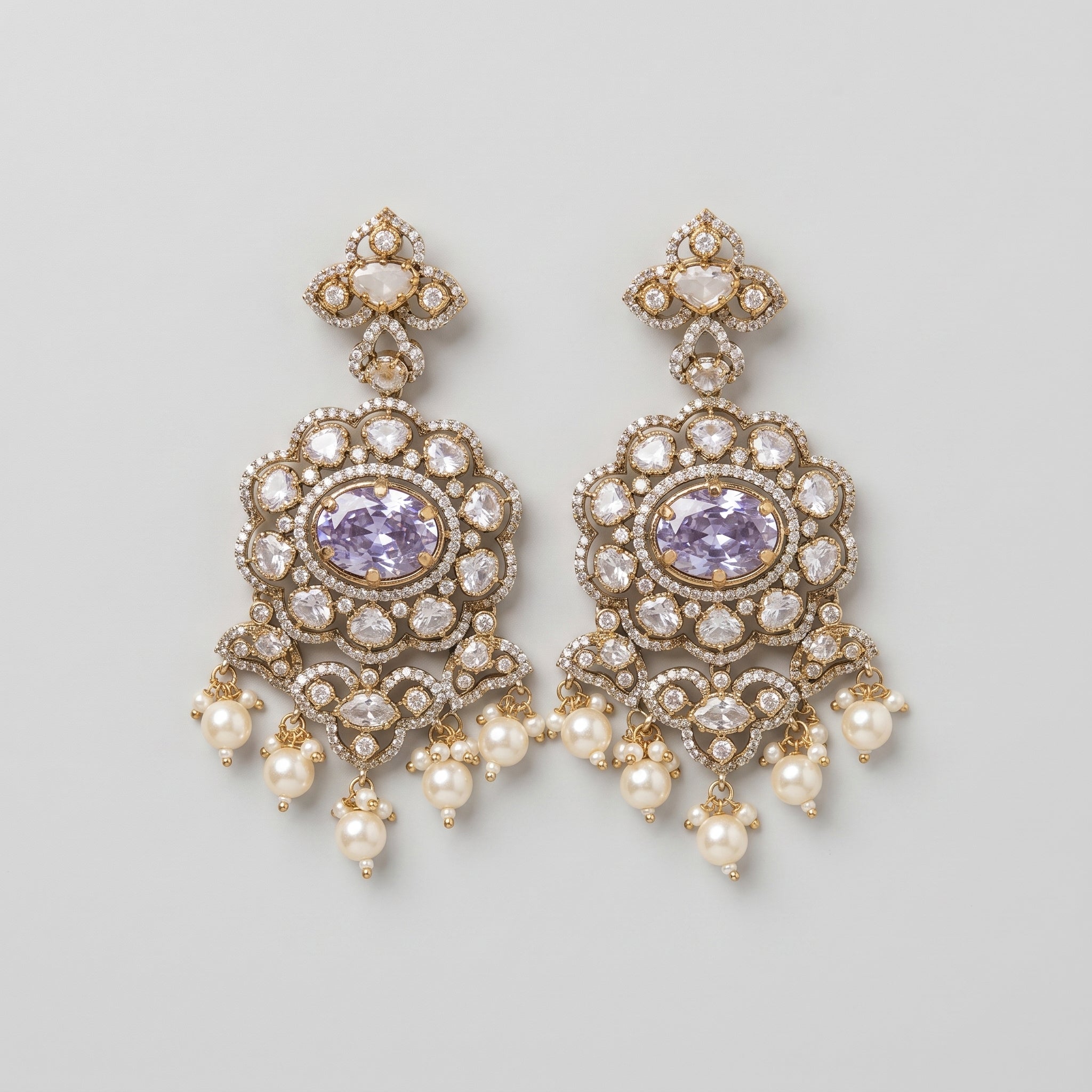 Rani Pearl Earrings gold-tone lavender chandelier earrings with pearl drop fringe on gray background