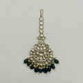 Priya Emerald Tikka gold fan maang tikka with green teardrop bead fringe on gray background