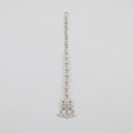 Zara Crystal Tikka silver-tone maang tikka with teardrop chain and pearl fringe on gray background