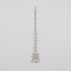 Zara Crystal Tikka silver-tone maang tikka with teardrop chain and pearl fringe on gray background