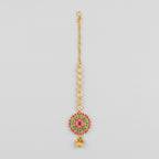 Meenakari Tikka gold maang tikka with pink green target pendant and crystal chain on gray background