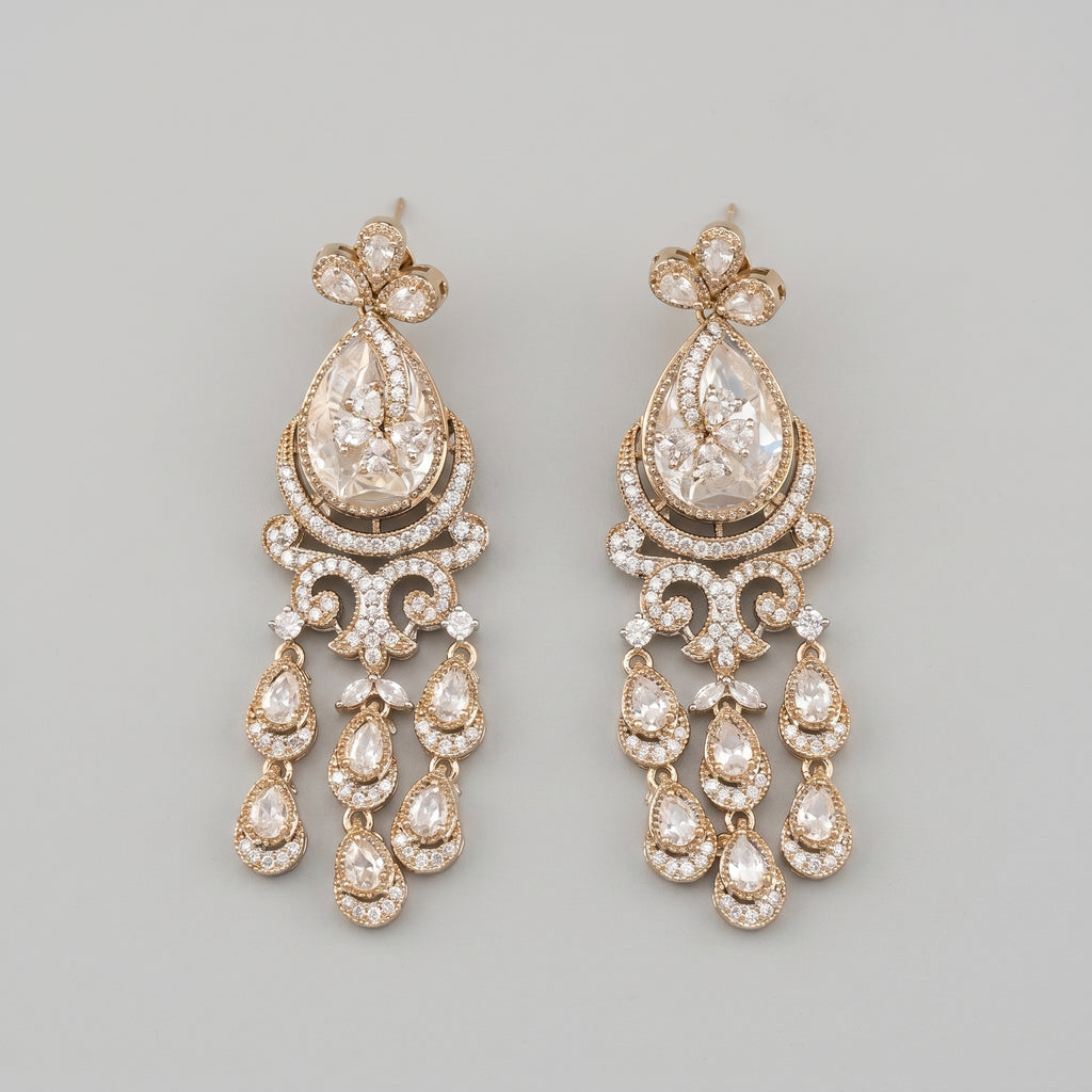 Apsara Teardrop Earrings gold crystal chandelier with teardrop dangles