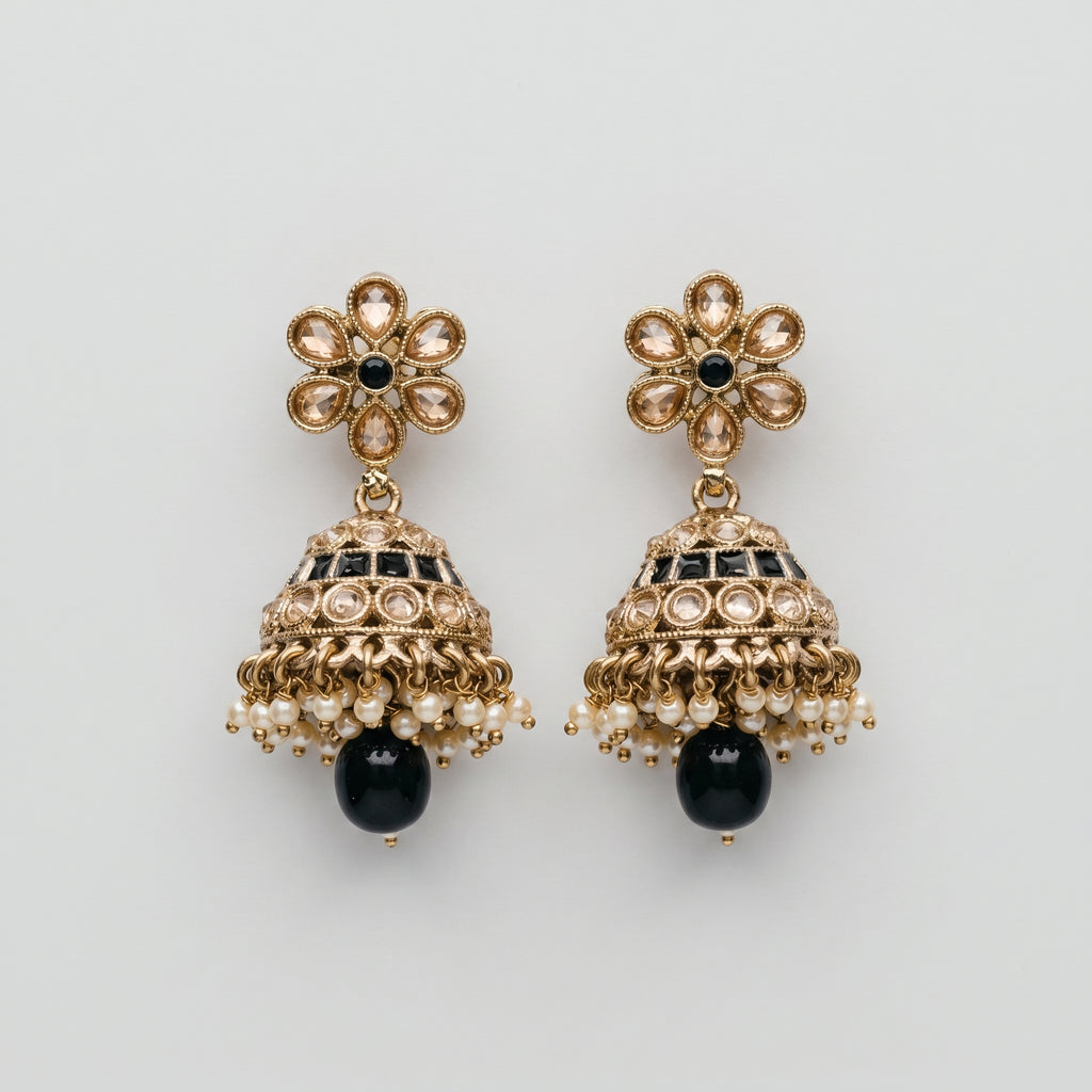 Moti Jhumka Earrings gold-tone floral stud jhumka bells with black champagne stones and pearl fringe