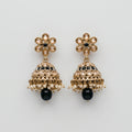 Moti Jhumka Earrings gold-tone floral stud jhumka bells with black champagne stones and pearl fringe