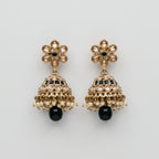 Moti Jhumka Earrings gold-tone floral stud jhumka bells with black champagne stones and pearl fringe